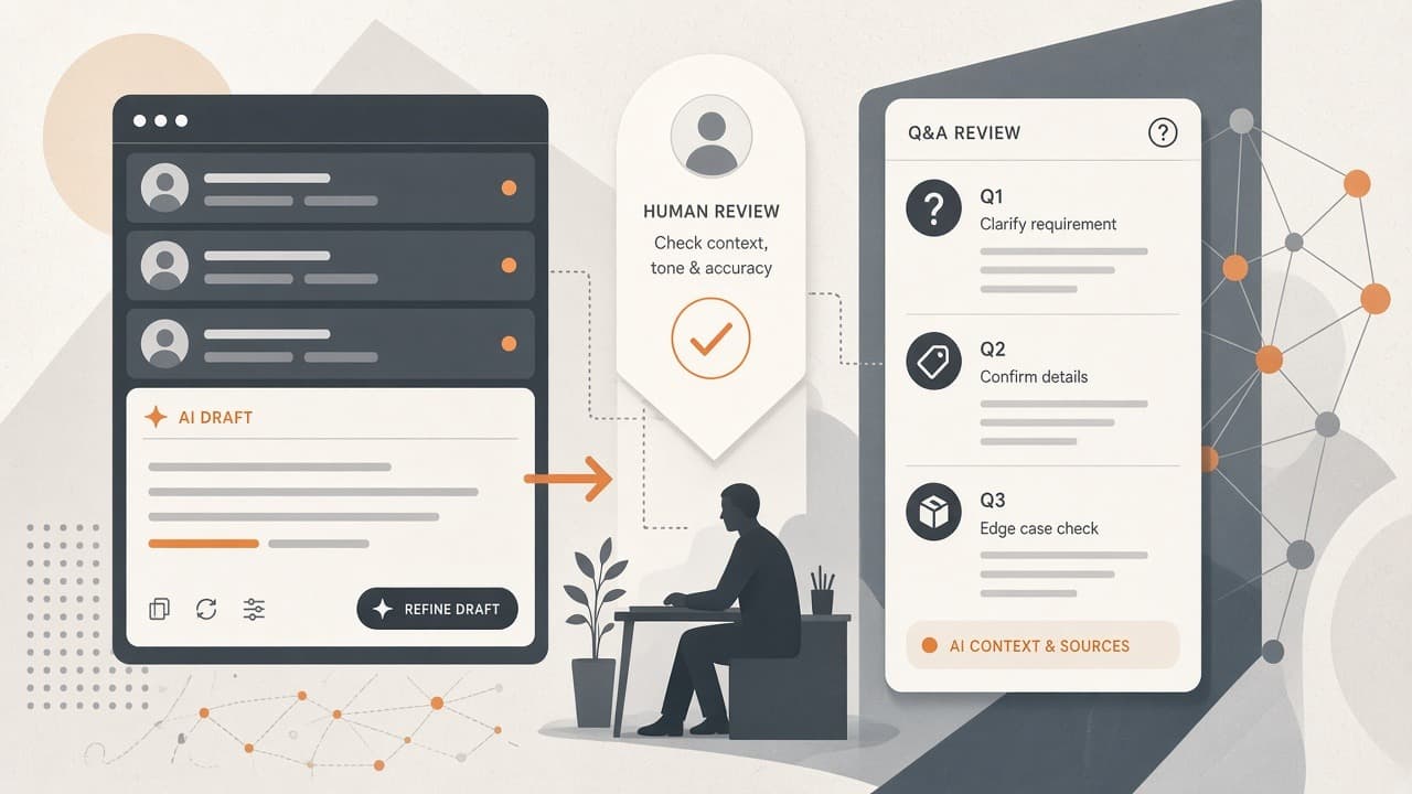 Illustration of AI-assisted email and Q&A workflows with human review and publication controls: AI draft, human review for context and accuracy, and Q&A review checklist.