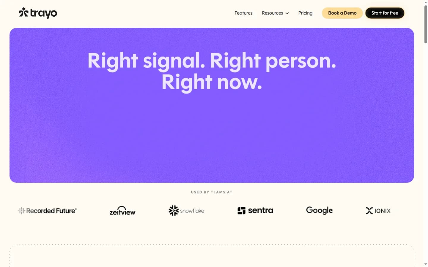 Trayo homepage with the headline Right signal. Right person. Right now. and logos of teams that use the product