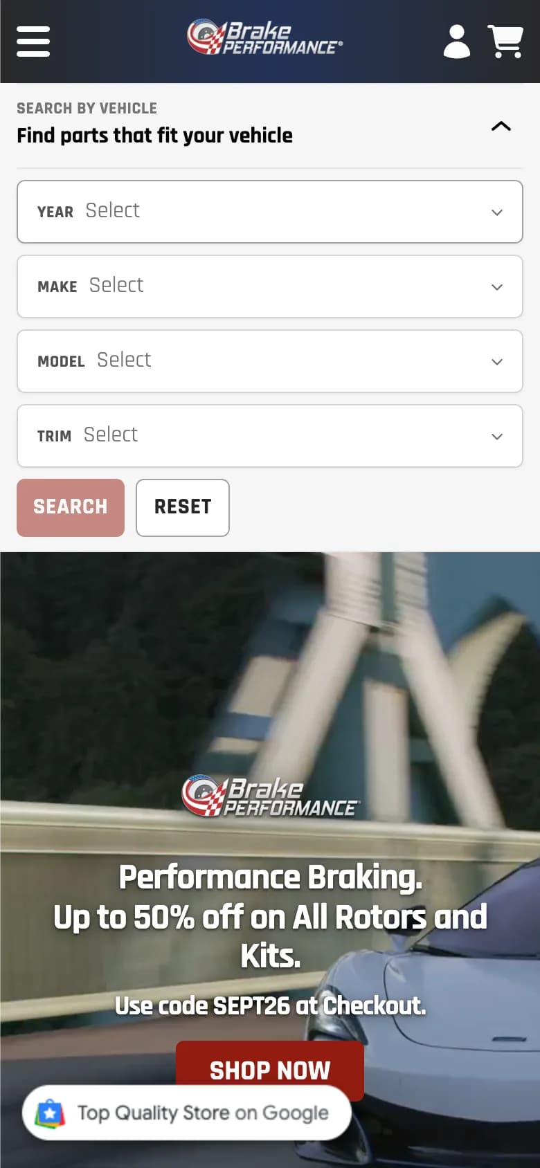 Brake Performance homepage on a phone, with search by vehicle