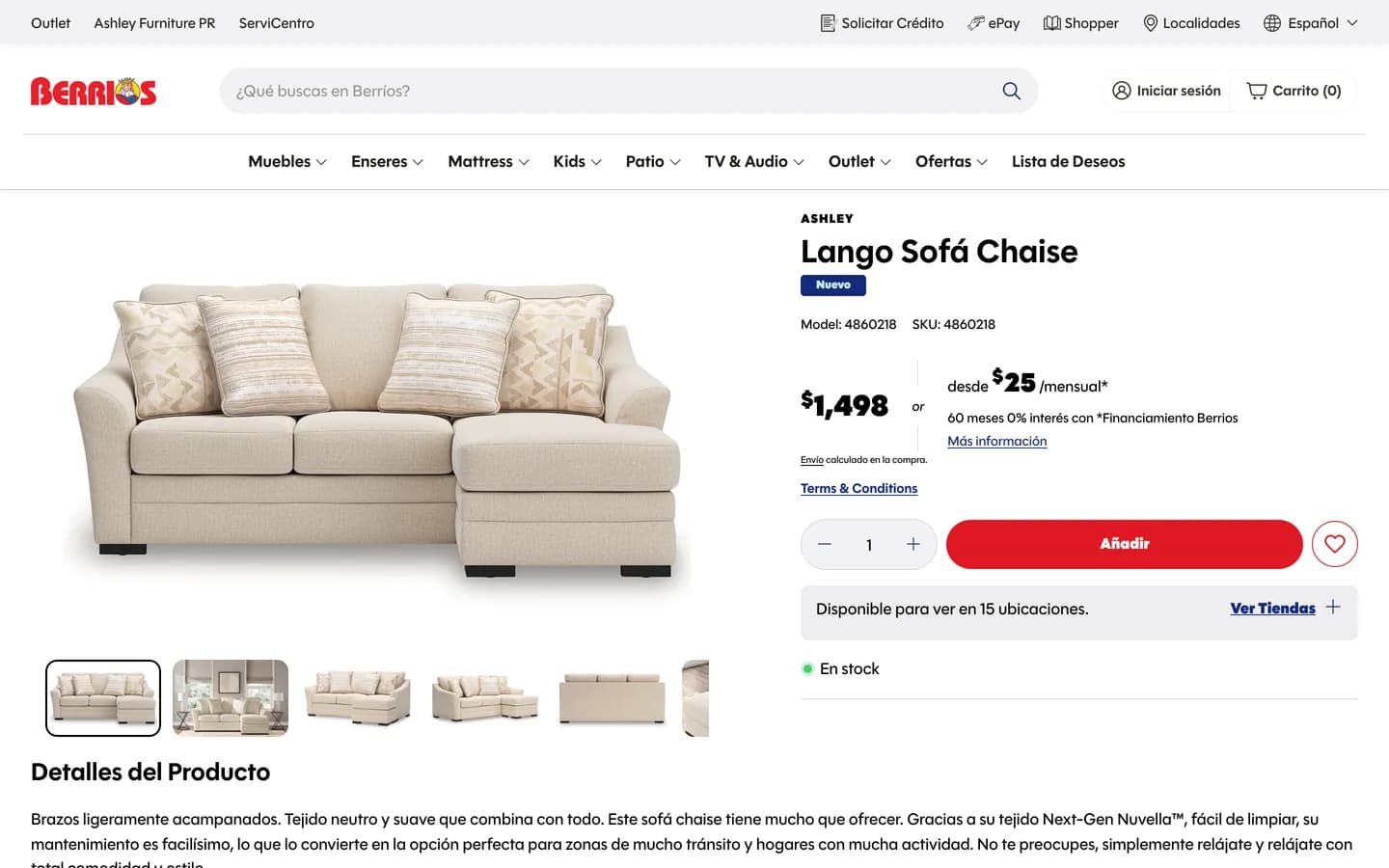 Berríos Furniture sofa product page on Shopify, in Spanish, showing the item available to see in 15 store locations and in stock