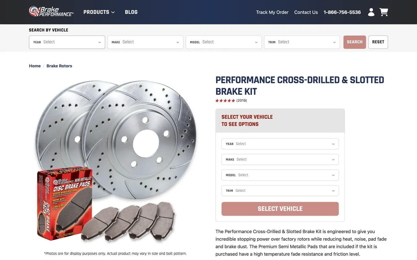 Brake Performance brake kit product page with year, make, model, and trim vehicle fitment selectors