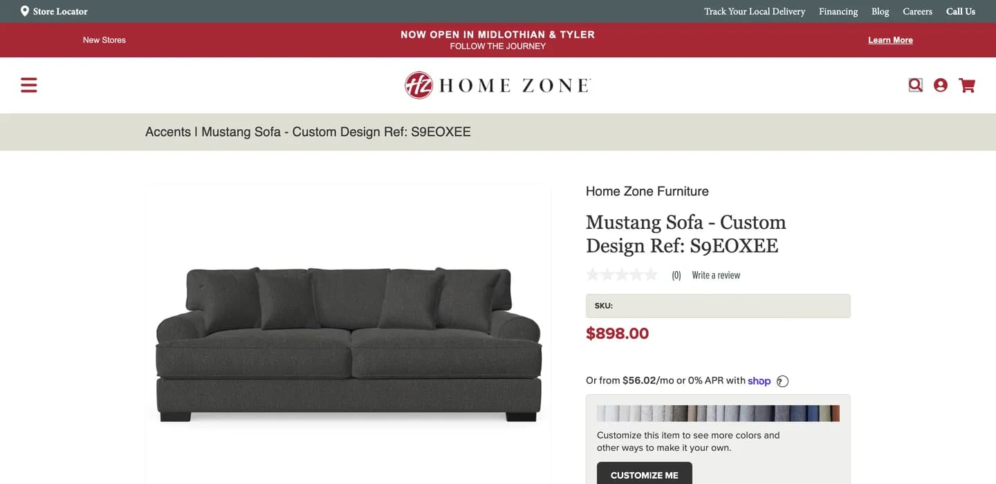 Home Zone Furniture sofa product page on Shopify, with financing and a fabric customization option
