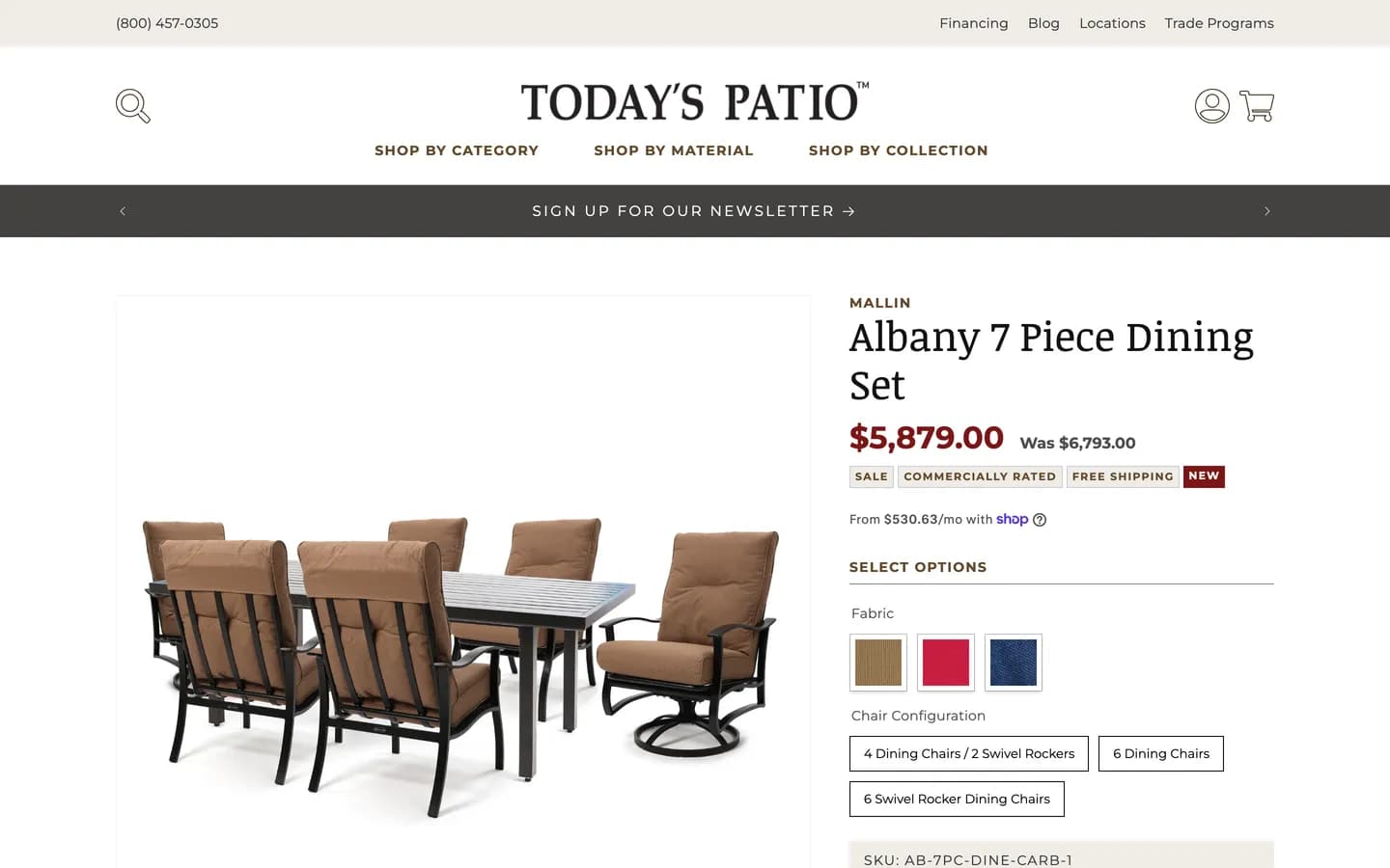 Today's Patio dining set product page on Shopify, with fabric swatches and chair configuration options