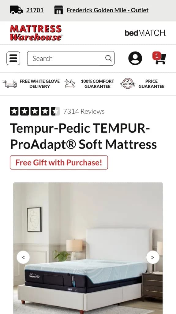 Mattress Warehouse product page on a phone, with a nearby store and delivery zip already selected