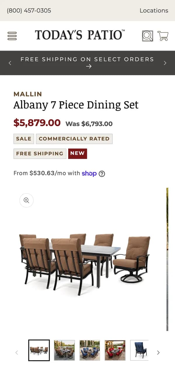 Today's Patio product page on a phone