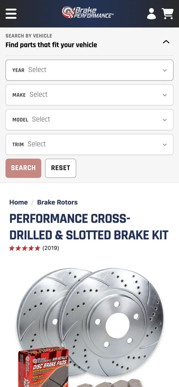 Brake Performance product page on a phone