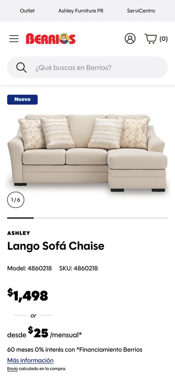Berríos Furniture product page on a phone