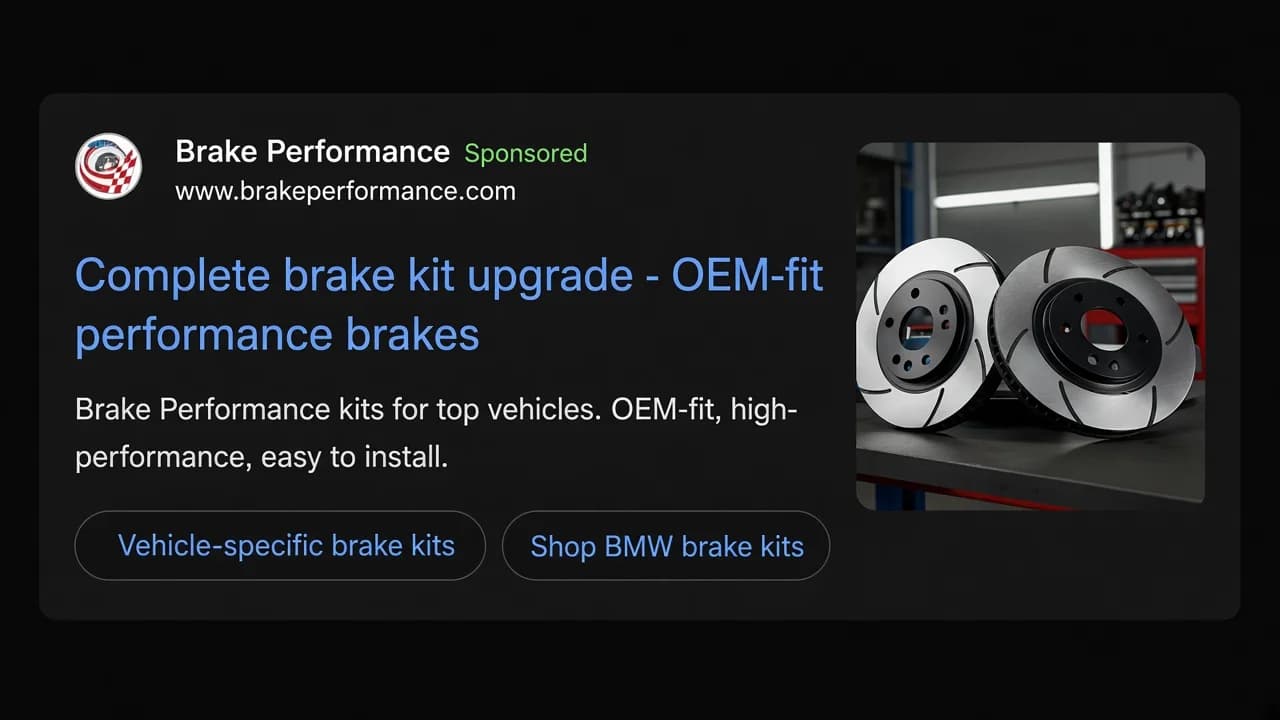 Illustrated Google Search ad for Brake Performance featuring an OEM-fit brake kit upgrade headline and vehicle-specific sitelinks