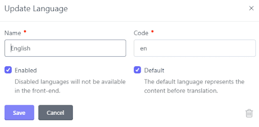 An image depicting the Rainlab Translate Locale form modal for creating / editing locales. The form expects the name of the language and its code (e.g. en), and whether the language should be enabled and set as default.