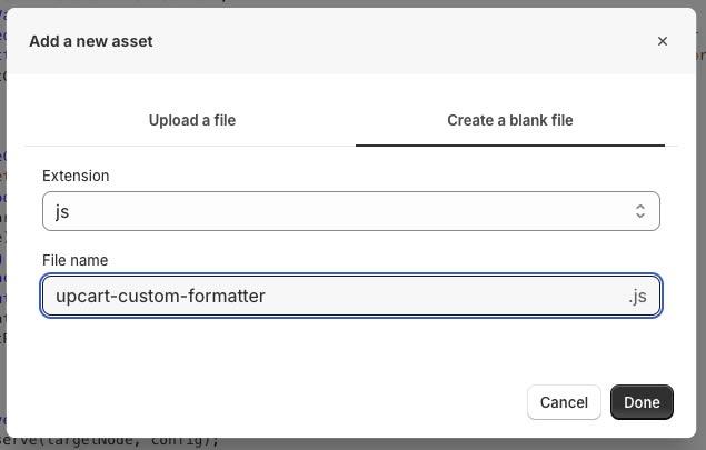 Shopify add a new asset dialog