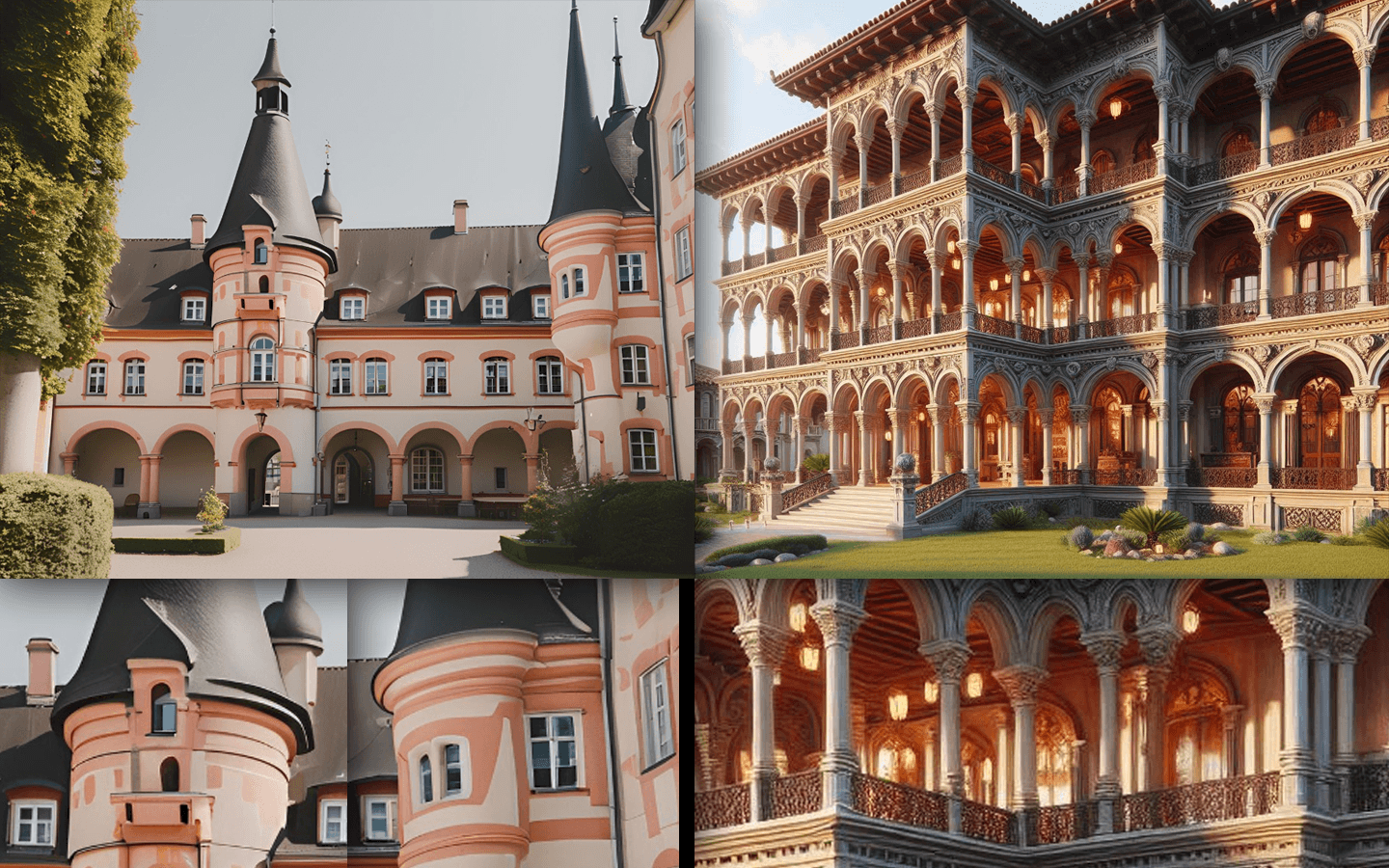 Examples of AI-generated images featuring buildings with errors in geometry and symmetry.