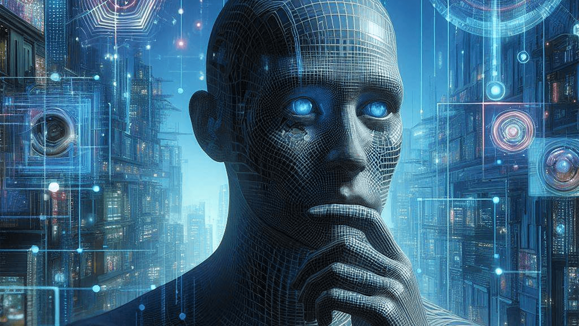 Futuristic concept art of a human figure in deep thought, surrounded by abstract symbols representing the Internet and technology.