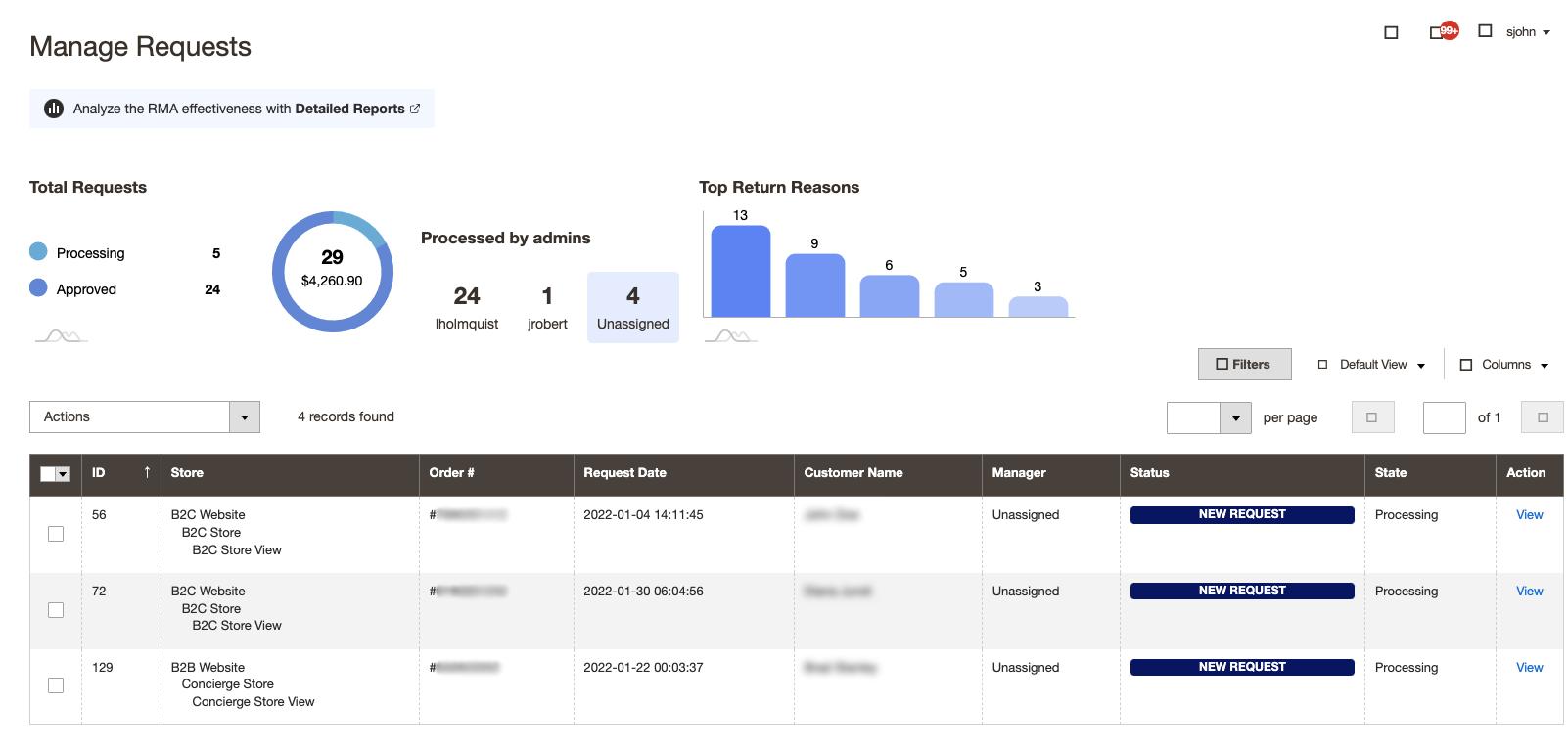 Screenshot of return screen for administrators.