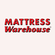Mattress Warehouse logo with red lettering and registered trademark.