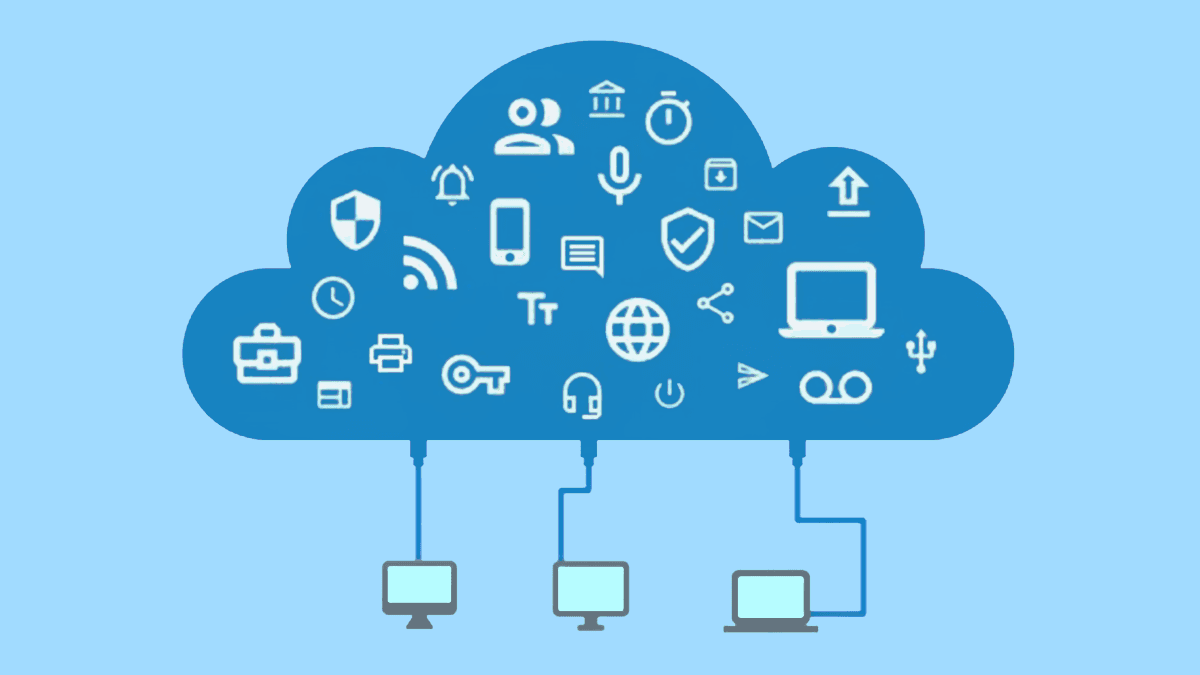 A stylized illustration of different types of devices connected to a cloud that provides many different services.