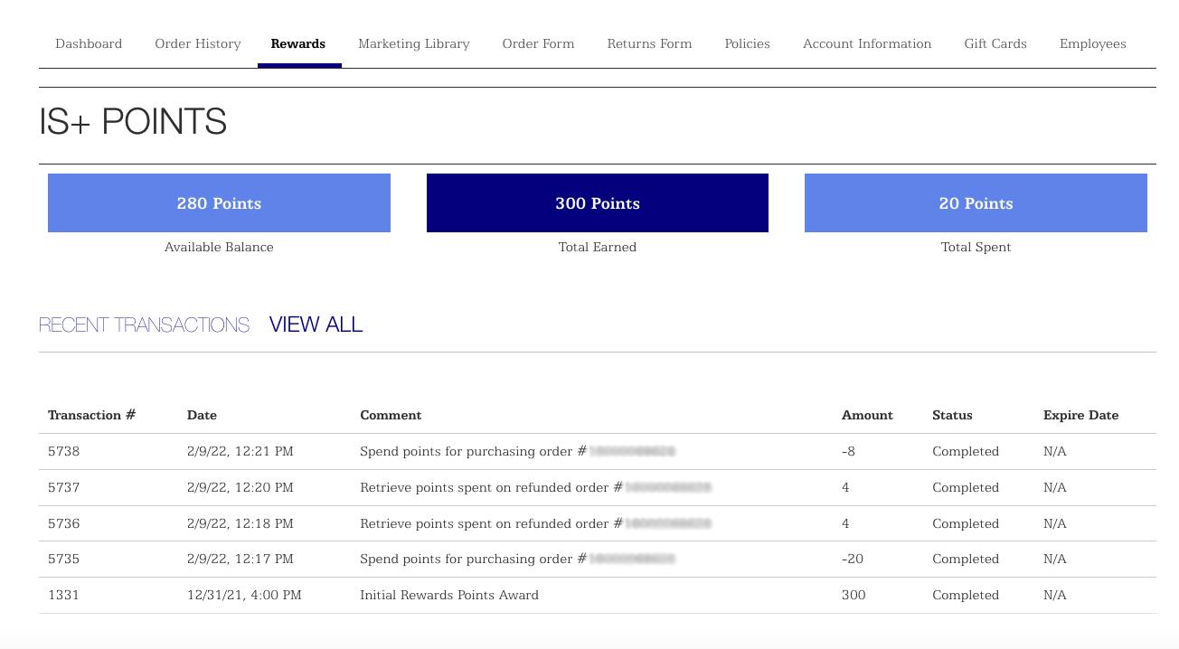 Screenshot of the rewards point system inside of the ISC member account screen.