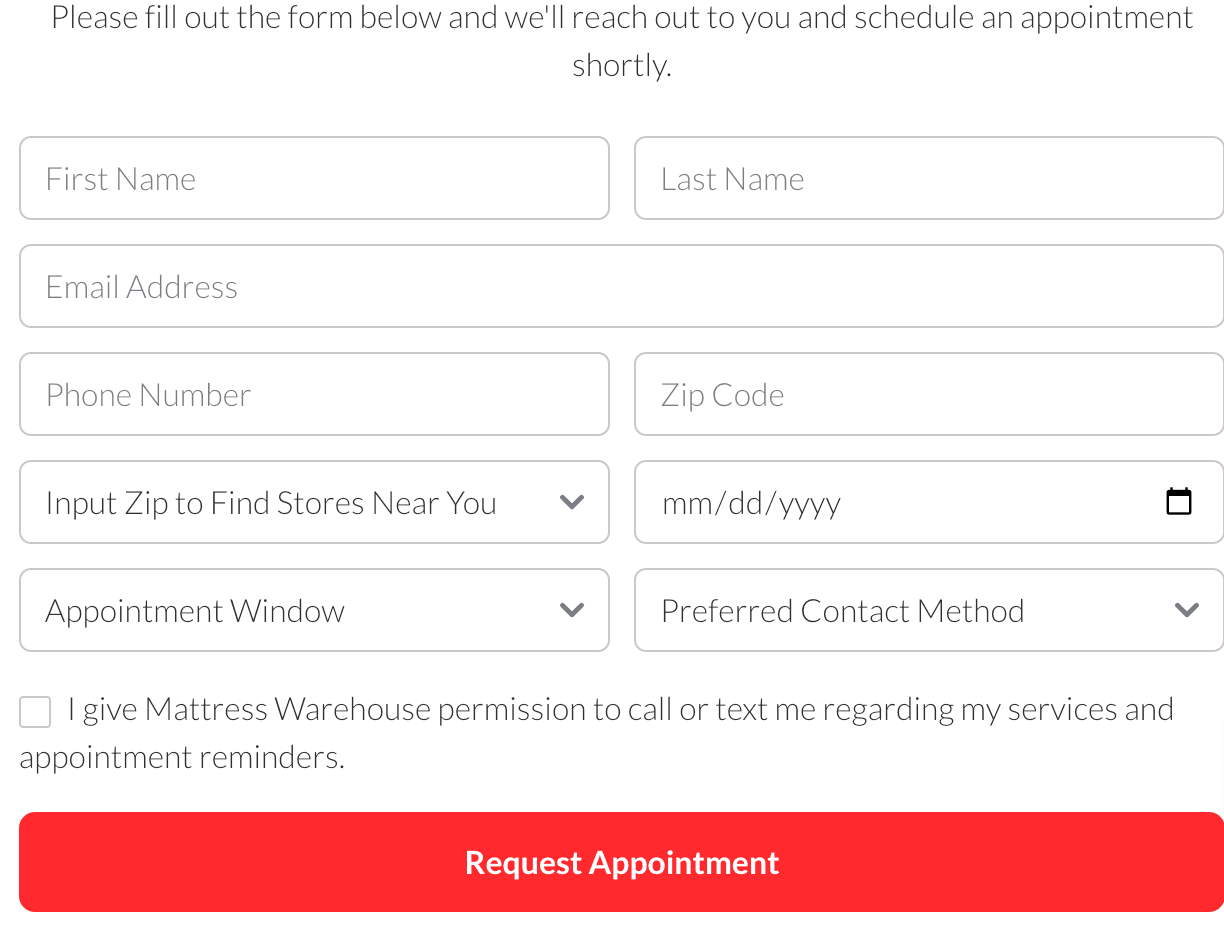 Image of Mattress Warehouse web page allowing users to submit contact details to book appointments for large wholesale orders. 