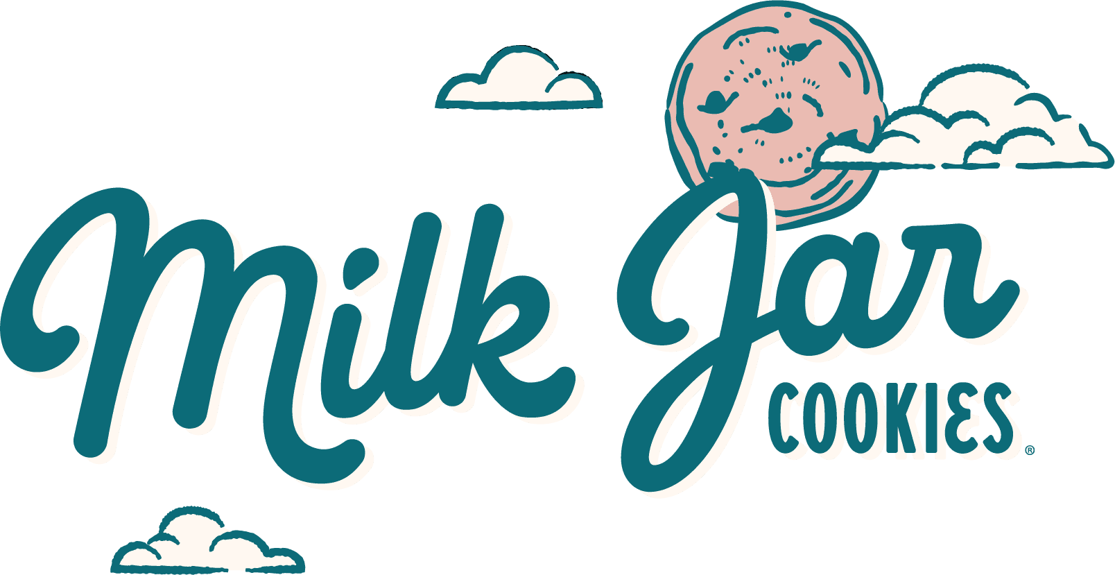 Milk Jar Cookies logo in blue cursive writing with a cookie and clouds in the background.
