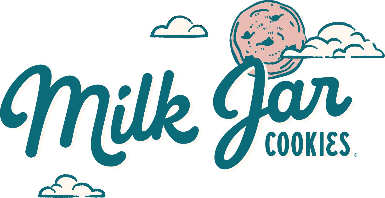 Milk Jar Cookies logo in blue cursive writing with a cookie and clouds in the background.