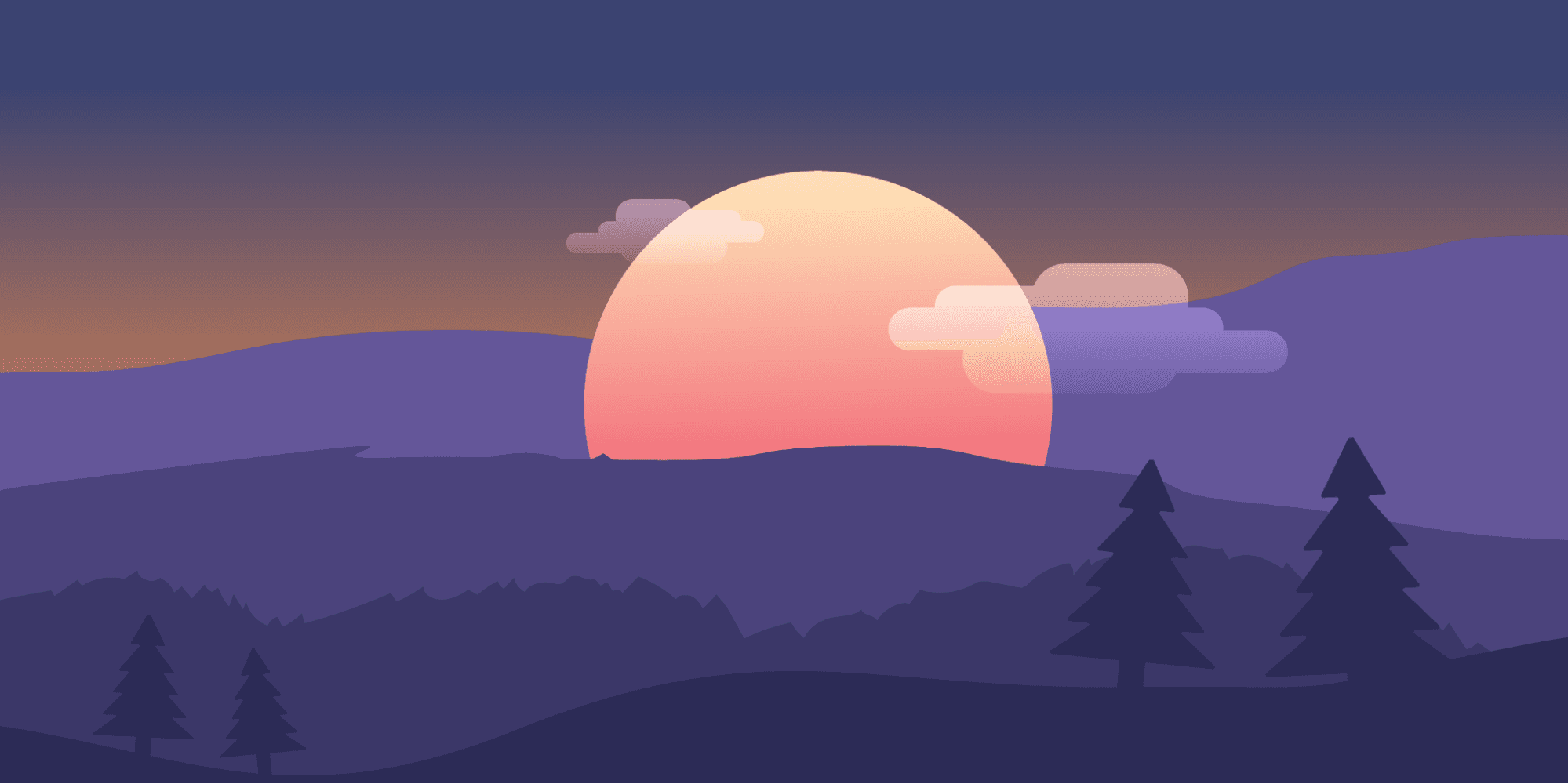 landscape illustration of sun rising behind mountains
