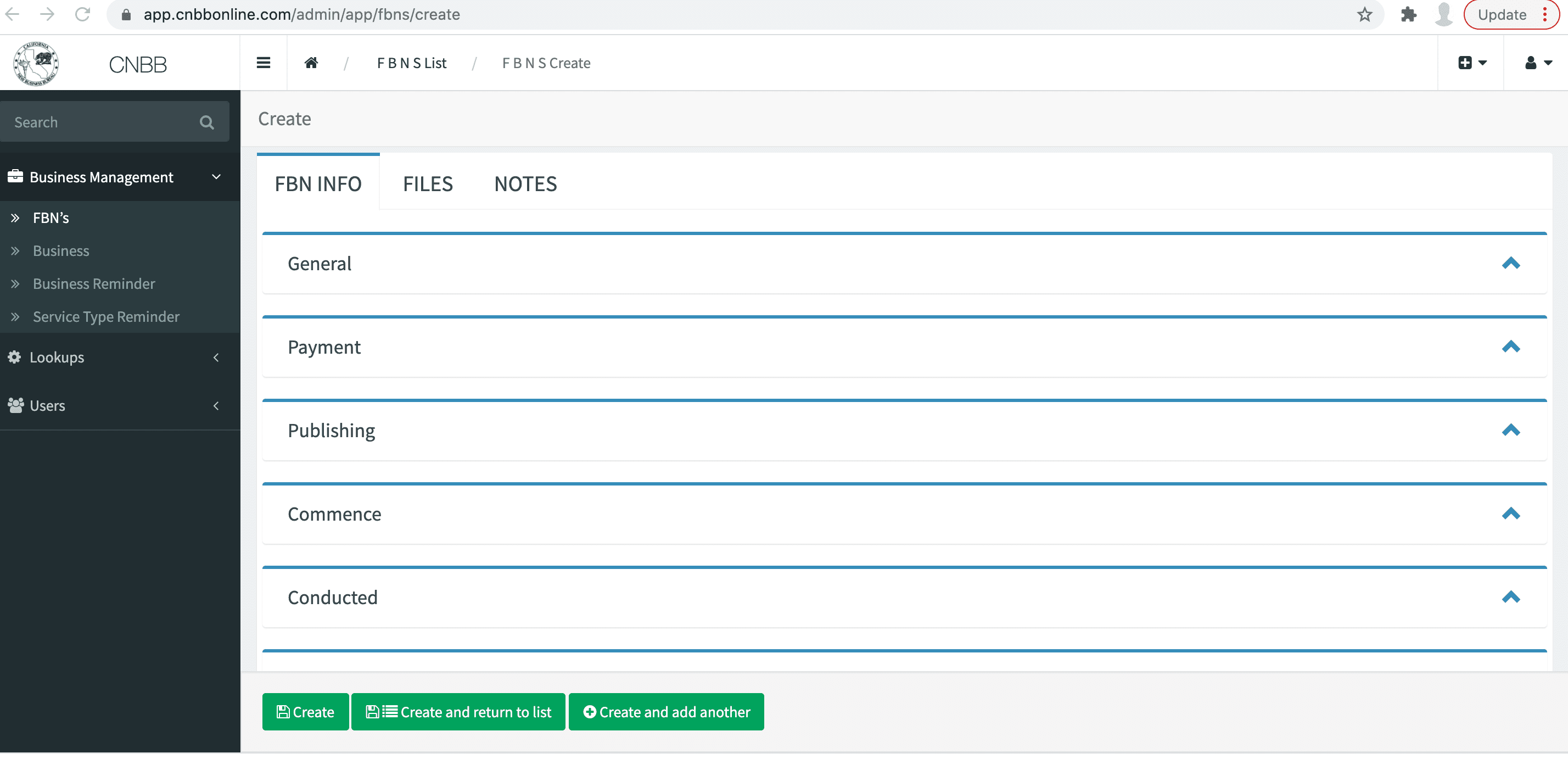 Screenshot of the California New Business Bureau's software interface.