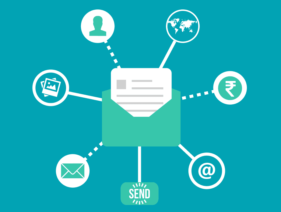 An email marketing icon in the center connected to other icons representing email marketing attributes.