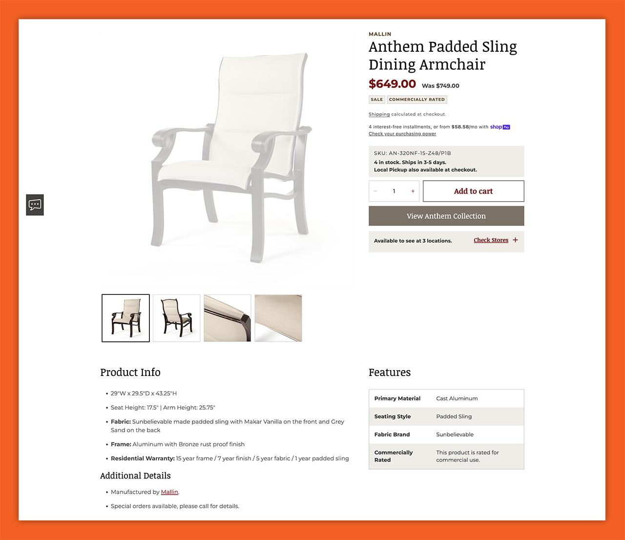 Screenshot of a Today's Patio product detail page, showing the new badges, features table, lead time messaging, and other additions.