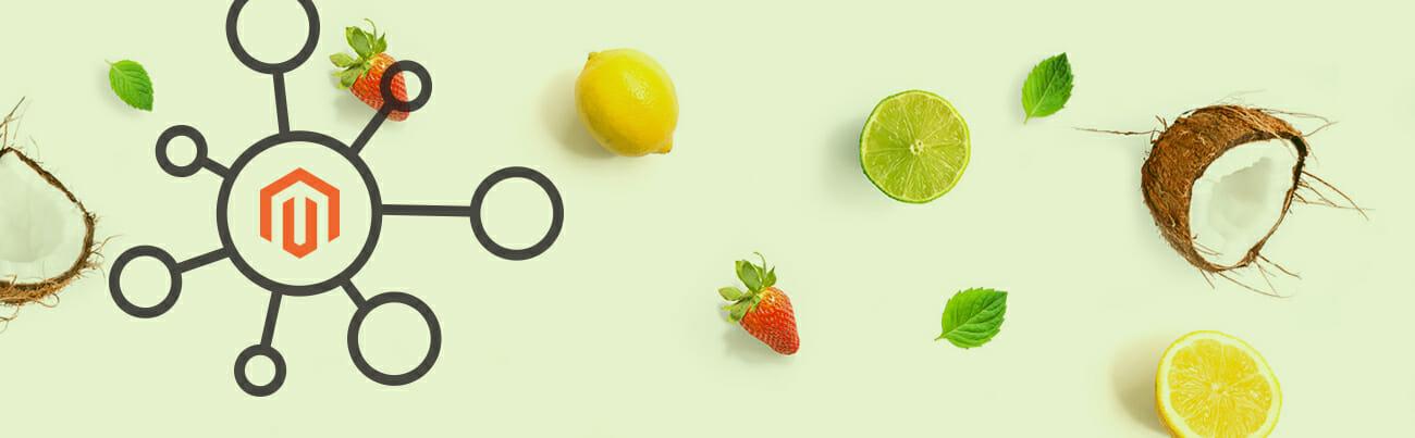 Image of different fruits and a Magento logo layed over the fruits.