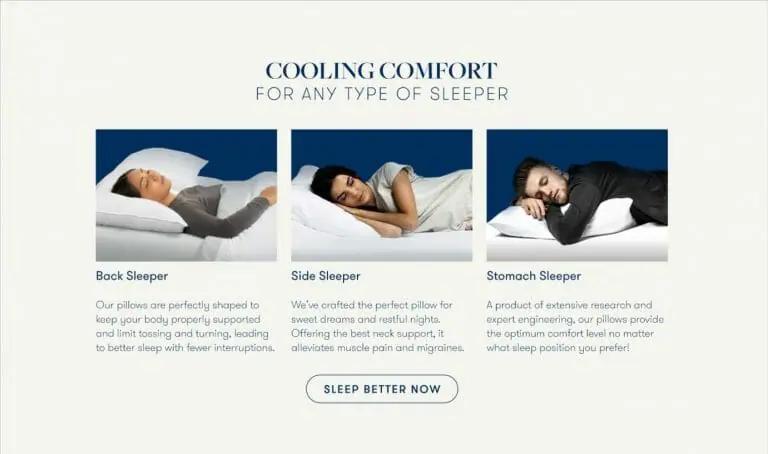 Example of a product Landing Page with examples of people using a pillow in a variety of ways.