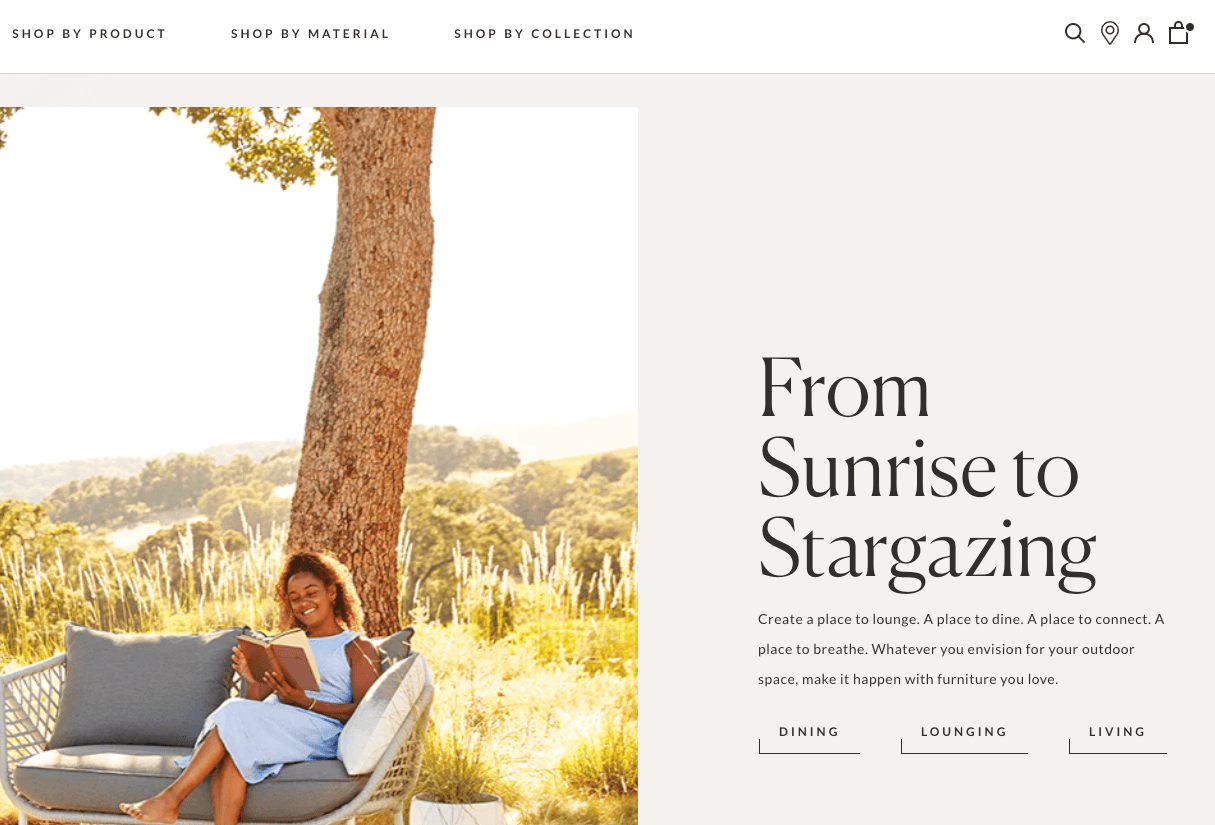 Screenshot of Terra Outdoor Living website showing a woman reading in the outdoors.