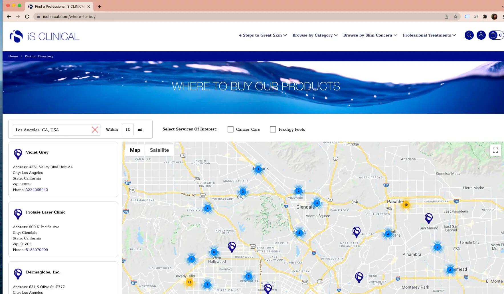 Screenshot of iSC partner locator tool inside of the IS Clinical website.