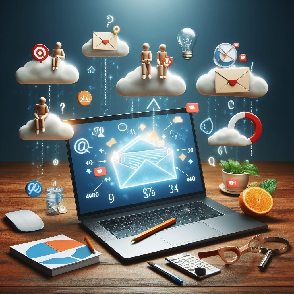 Digital image of a laptop with email marketing icons floating around the laptop screen on a desk.