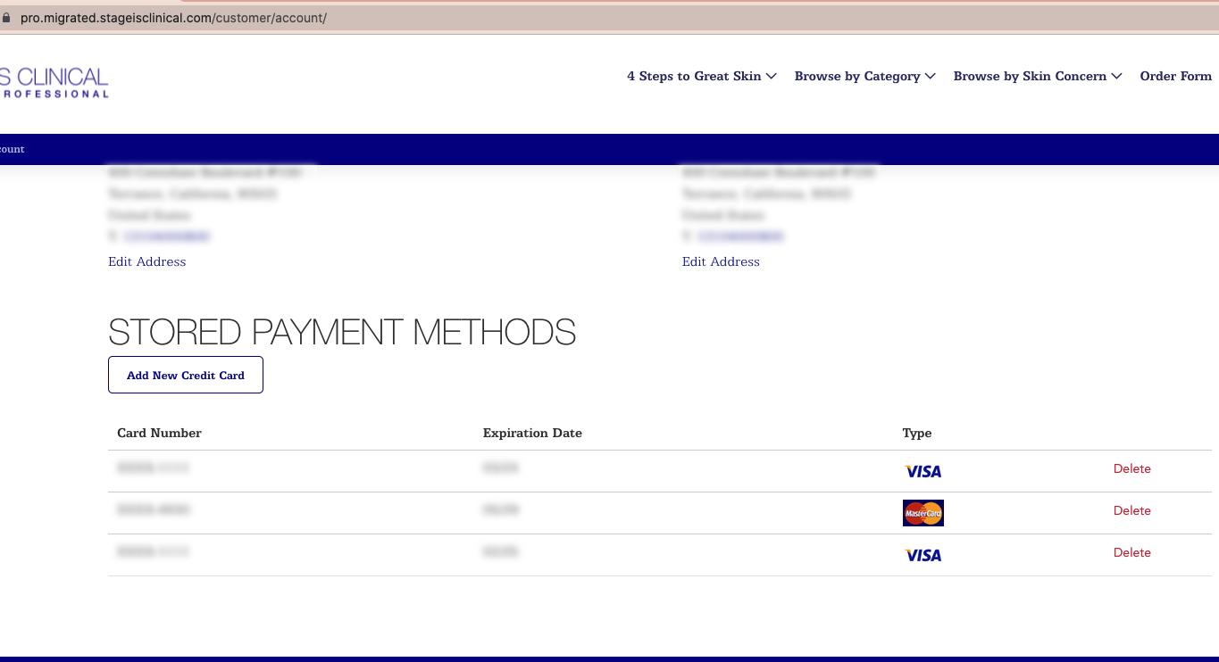 Screen shot of ISC's account members payment options by adding or removing credit card options.