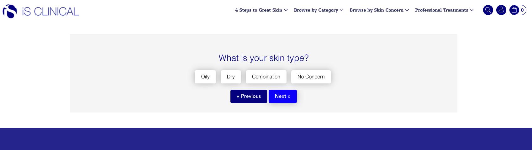 Screenshot of a questions from iSC’s skin quiz that reads, What is your skin type?