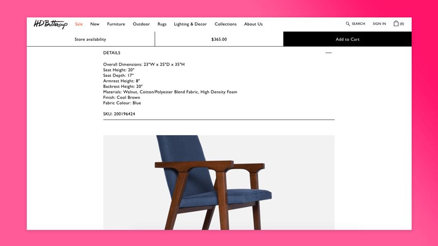 HD Buttercup short video of navigating the product page of a modern living room chair showing all the product specifications. 