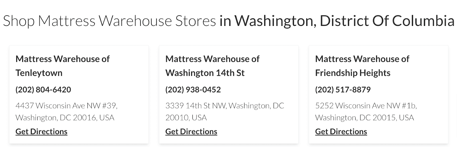 Screenshot of Mattress Warehouse locations in Washington, DC.
