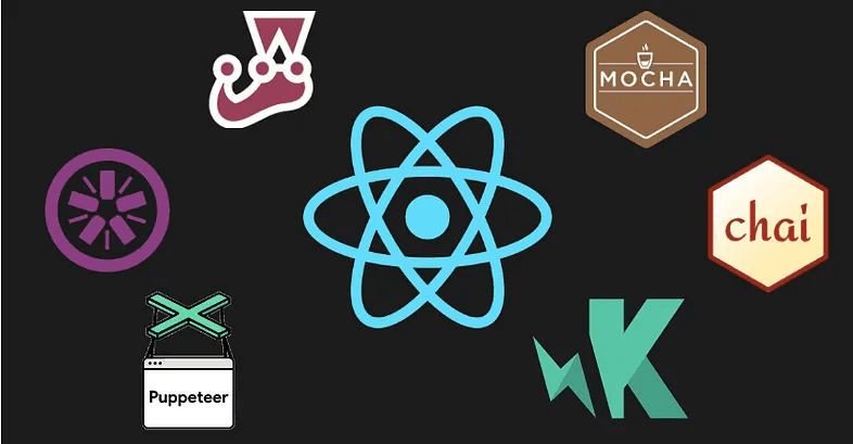 Logos of various popular React testing libraries, with the React logo in the center.