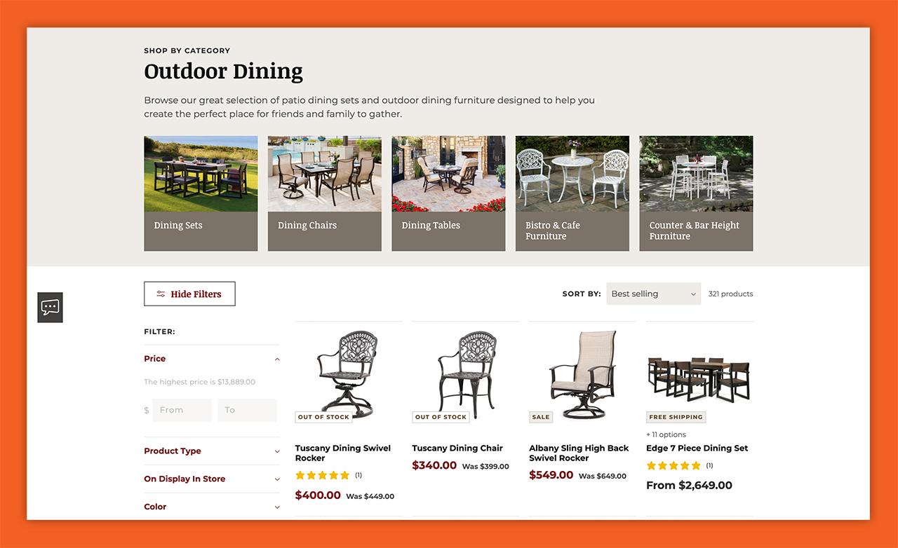 Screenshot of a Today's Patio product list page, showing the new filters, badges, and curated layout for the specific product category.