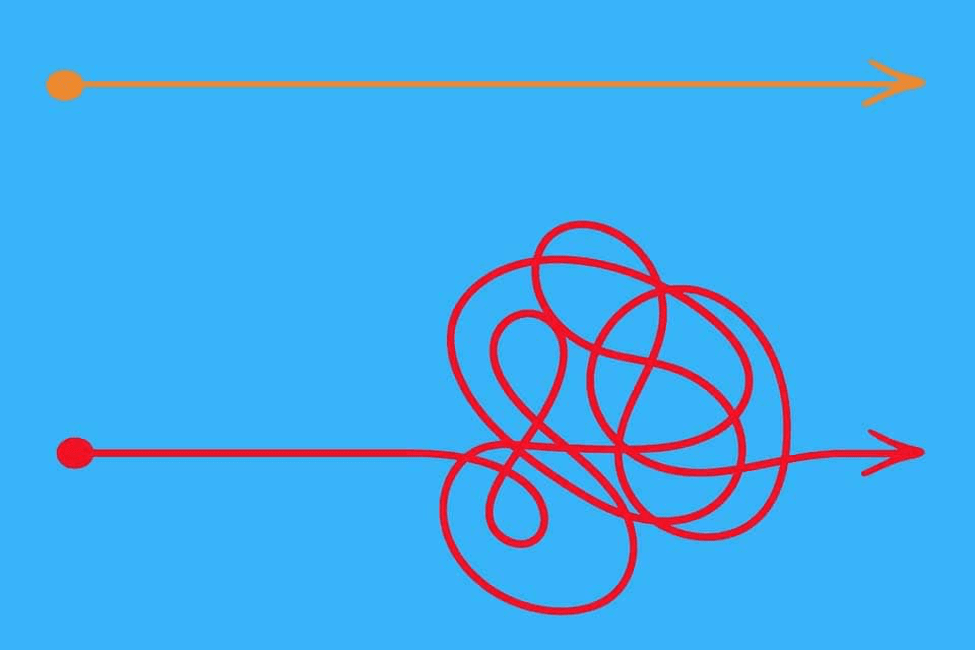 A straight line showing what a simple architecture should look like, compared to a twisted, continuous line showing what overengineering looks like.