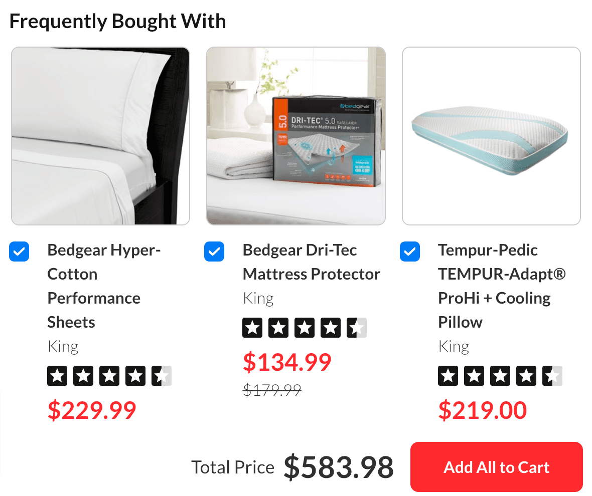 Screenshot of Mattress Warehouse checkout page showing their cross - selling and up - selling feature using different mattress options that are recommended or suggested based on other user purchases. 