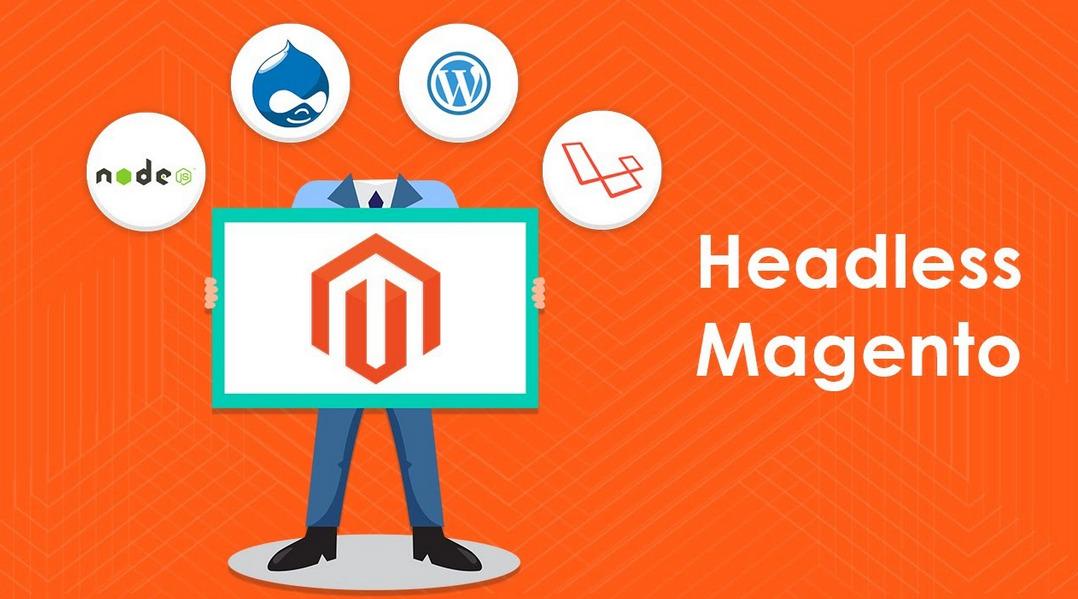 An image presenting a headless magento ecommerce with its common integrations.
