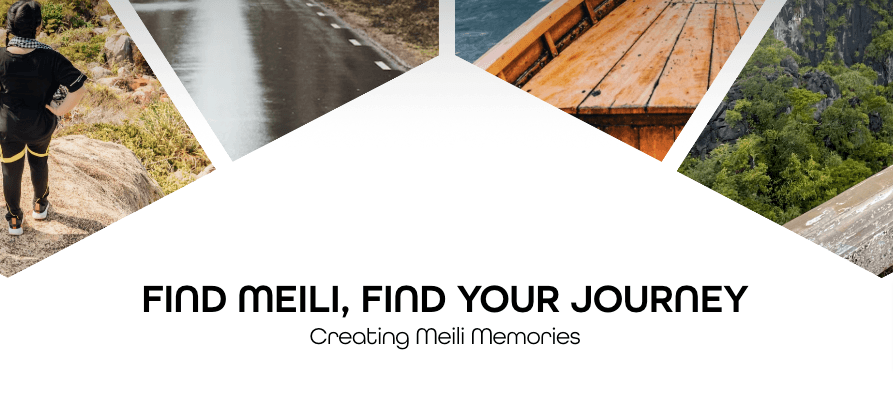 Snapshot of Finding Meili website showing four different pictures in different scenic views split using thick white lines.