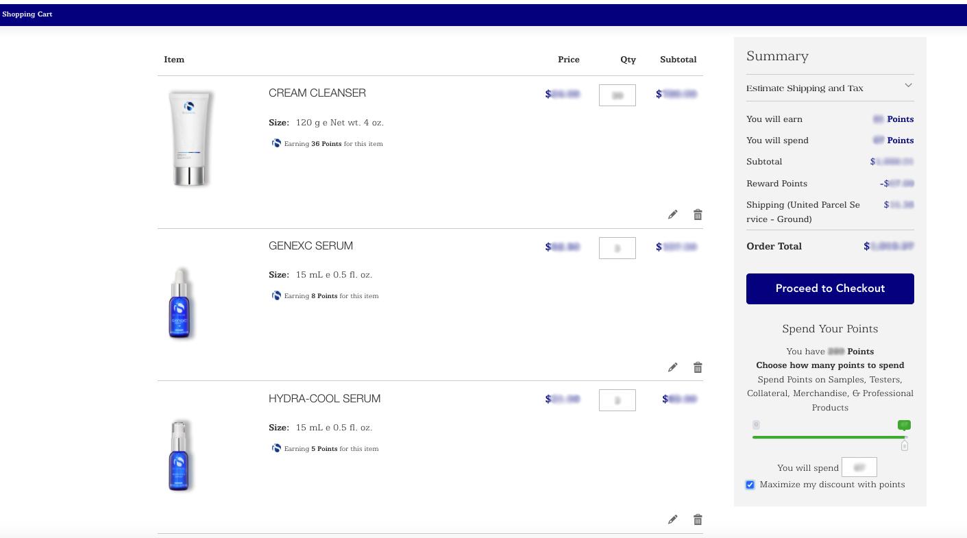 Screenshot of the checkout page using rewards points for partial payment.