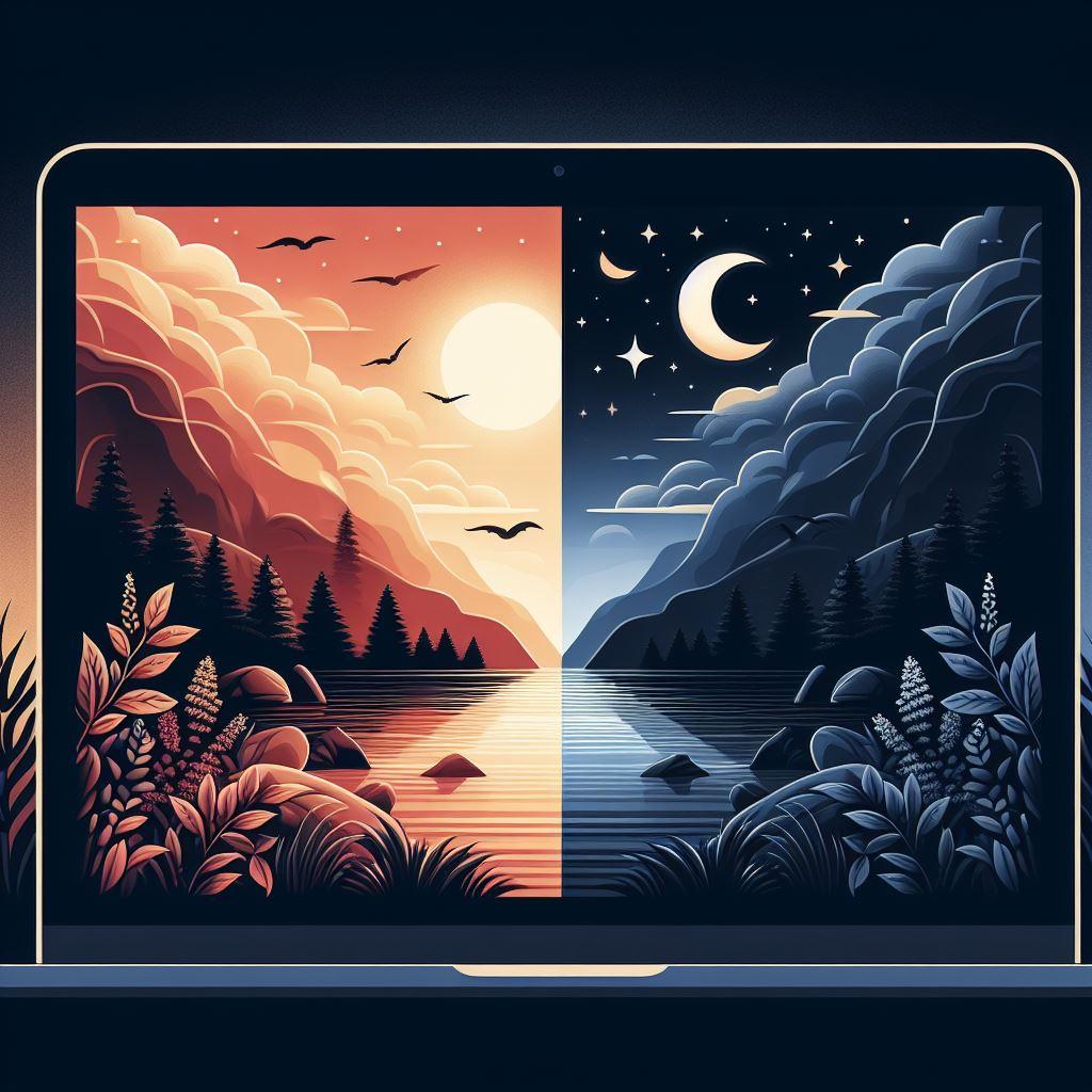 Image showing a computer split screen for dark mode and light mode of a website.