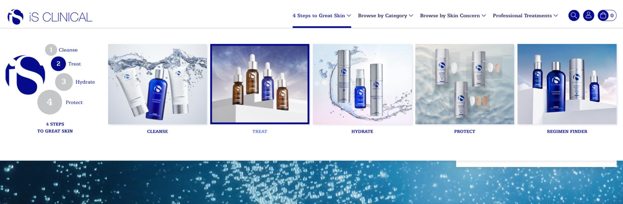 Image of the drop-down menu options for titled 4 Steps to Great Skin option on the iS Clinical website.