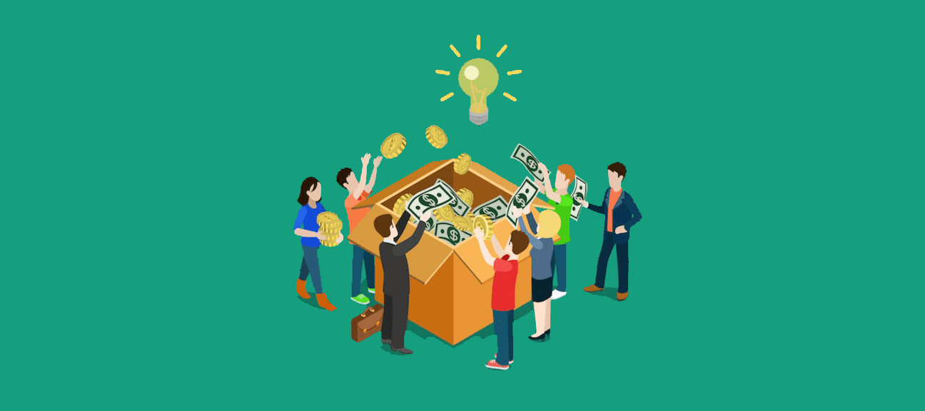 Animated image showing a group of people gifting money as a form of crowdfunding into a box.