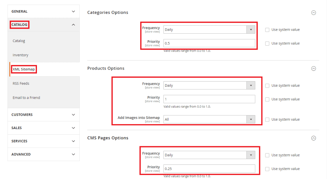 A screenshot showing how to set up an XML sitemap on Magento.